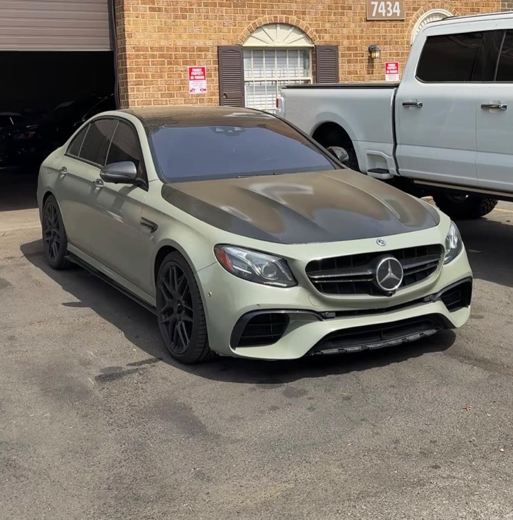 Mercedes-AMG E63 in a sage green color change wrap by A1 Auto Styling